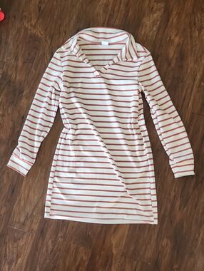 Striped Long Sleeve Athleisure Dress - White with Rust Stripes